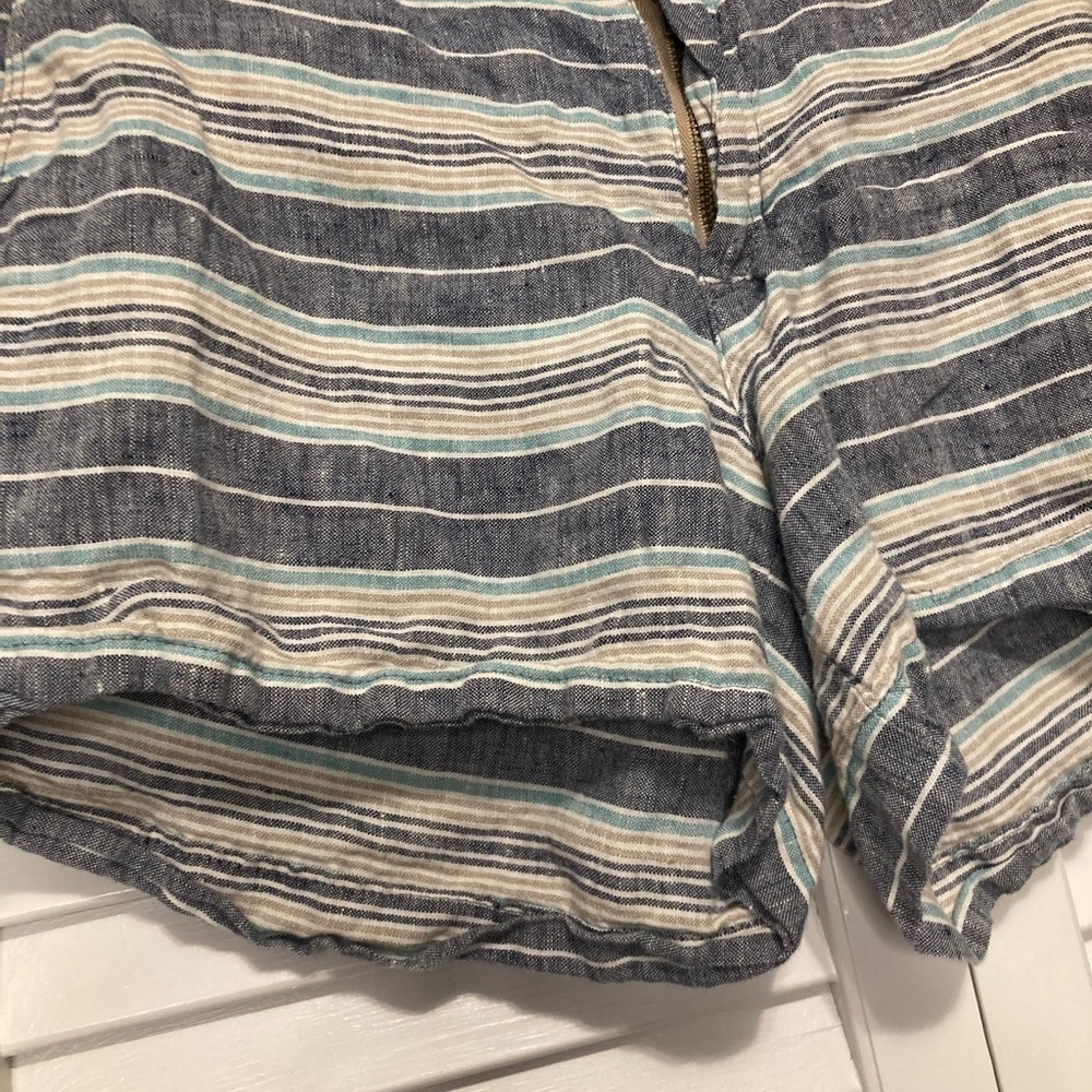 British Khaki 100% Linen Tan And Blue Striped Shorts Size 2 - Picture 4 of 9